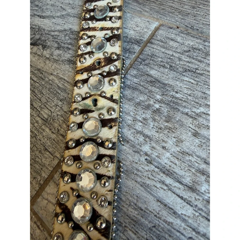 BHW Western Belt XL Zebra Print Rhinestone Extra Large Studded Calf Hair Leather